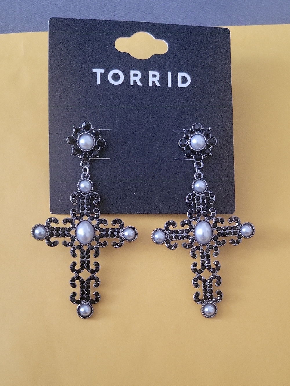 torrid Black and Pearl Ornate Cross Drop Earrings